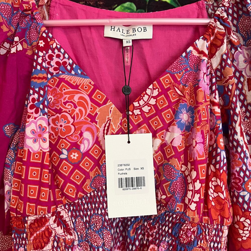 Hale Bob Mini Dress XS Paisley Fuchsia Bubble Long Sleeves Pink Floral Sundress - Picture 2 of 7